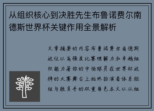 从组织核心到决胜先生布鲁诺费尔南德斯世界杯关键作用全景解析